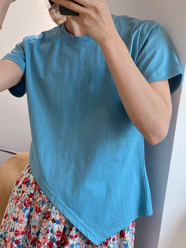 Casual Solid Color Asymmetric Round-Neck Short Sleeves T-Shirt
