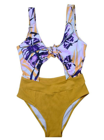 Knot Front High Waisted One-piece Swimwear