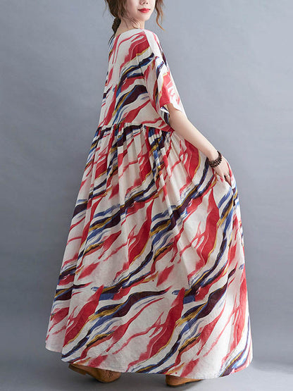 Vintage Loose Printed Split-Joint Pleated Half Sleeves Maxi Dress