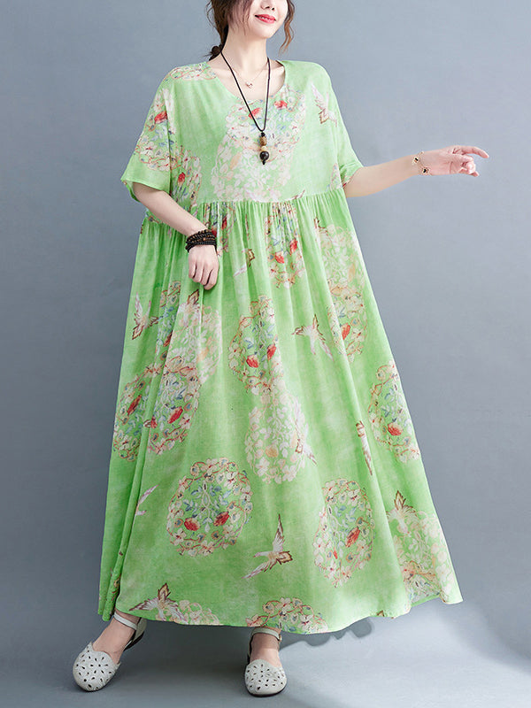 Loose Artistic Loose Floral Printed Pleated Midi Dress