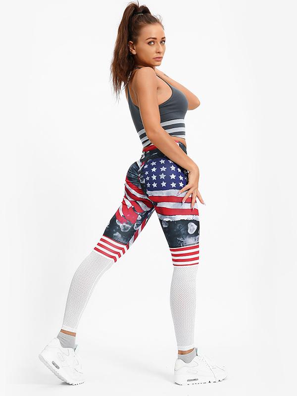 Flag Printed Color-Block Hole Yoga Leggings