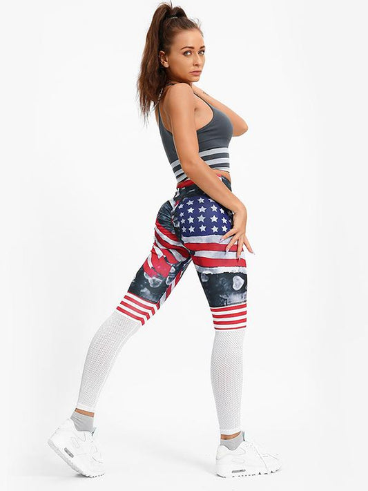 Flag Printed Color-Block Hole Yoga Leggings