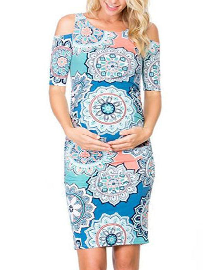 Maternity Printed Cold Shoulder Round-neck Mini Dress