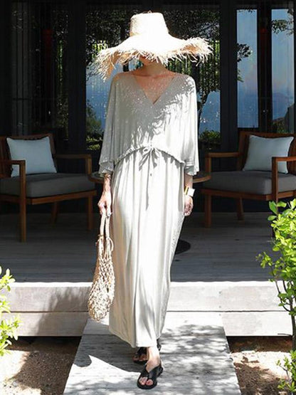 Loose Gray V-neck Elastic Waist Long Dress
