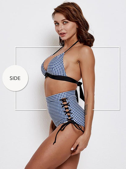 Blue Plaid Halter-neck Bikinis Swimwear
