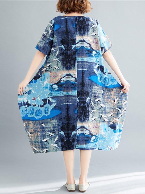 Ramie Cotton Plus Size Printing Style Midi Dresses
