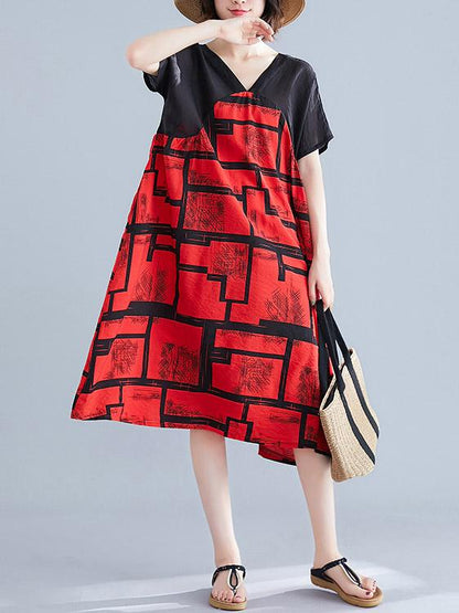 Cotton Linen Printed  V-neck Dress