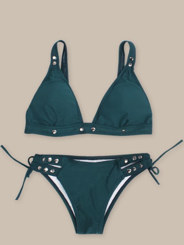 Button Decorated Solid Bikinis Swimwear