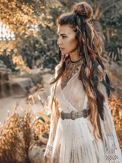 See-through Flared Sleeves V-back Maxi Dress
