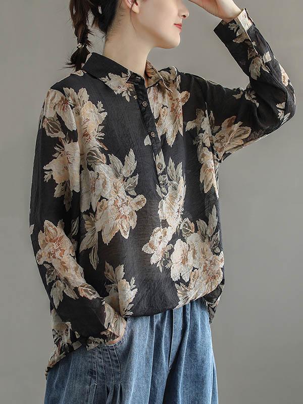 Artistic Retro Floral Shirt Blouse Tops