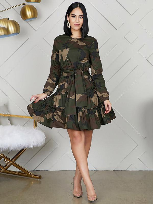 Vintage Camouflage Long Sleeves A-Line Mini Dresses