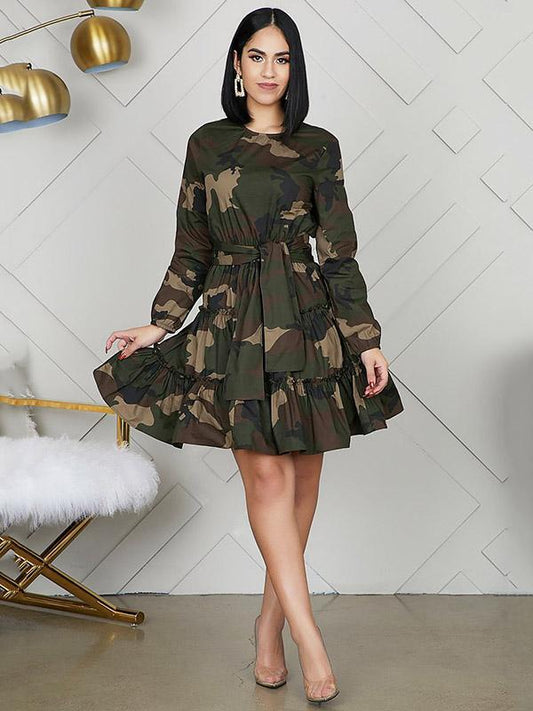 Vintage Camouflage Long Sleeves A-Line Mini Dresses