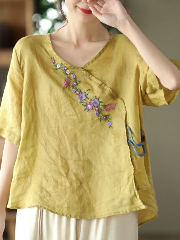 Vintage Artistic Retro Ramie Cotton Embroidered T-Shirt Top