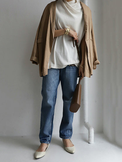 Casual Irregular Solid Color Pleated Heaps Collar Short Sleeves T-Shirt
