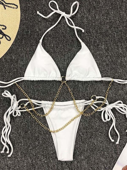 Solid Color Chain Bandage Split Bikini Swimsuit