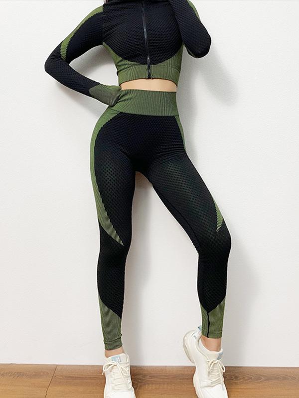 Contrast Color Zipper High-Waisted Three-Piece Sports Suits