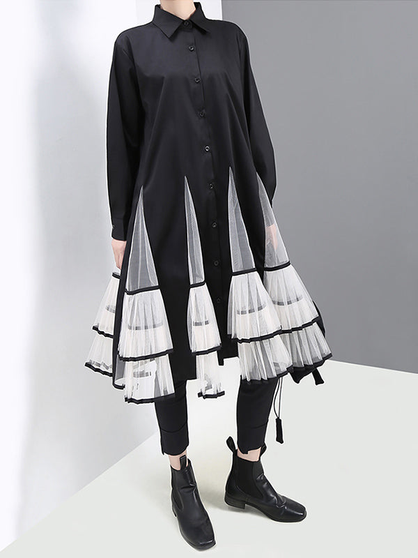 Loose Stitching Mesh Lapel Dress