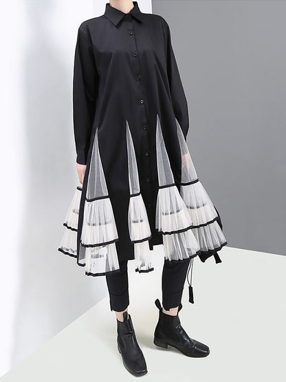 Loose Stitching Mesh Lapel Dress