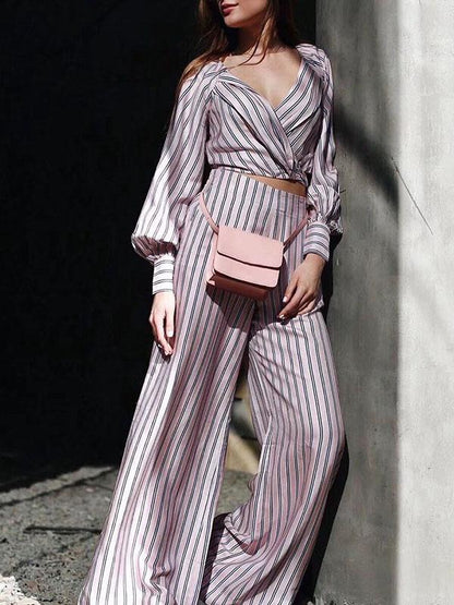 Fashion V-Neck Striped Puff Sleeves T-shirt And Wide Leg Pants Suits