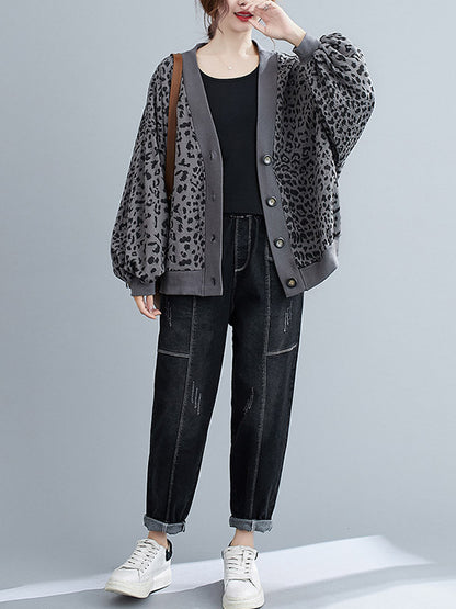 Original Leopard Buttoned V-Neck Long Sleeves Outwear