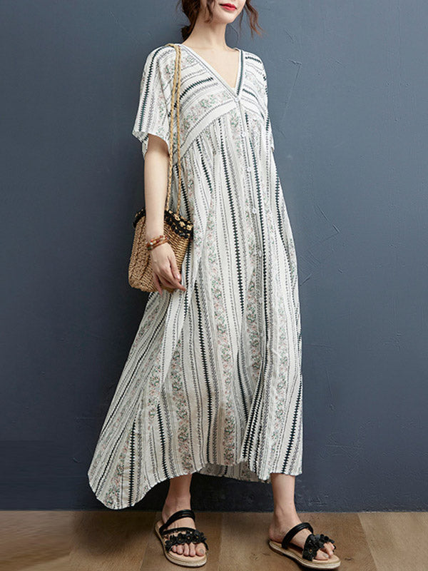 Floral Printed Casual V-Neck Buttoned Midi Dress