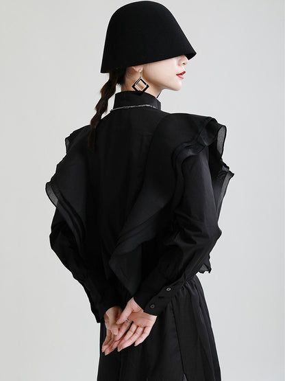 Stylish Solid Color Split-Joint Mesh Falbala Zipper Stand Collar Long Sleeves Outwear