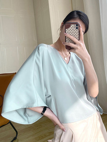 Chic Simple Solid Color Split-Joint V-Neck Batwing Sleeves T-Shirt