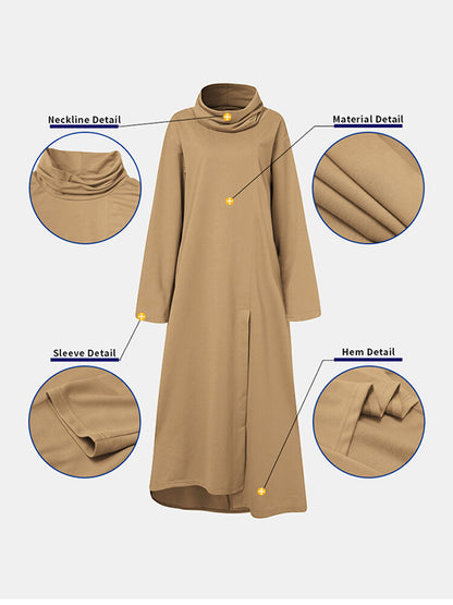 Casual Solid Color Split-Side Heaps Collar Long Sleeves Midi Dress