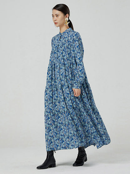 Original Buttoned Floral Printed Stand Collar Long Sleeves Loose Midi Dress