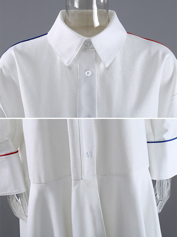 Original Falbala Pleated Split-Joint With Pocket Buttoned Lapel Collar Long Sleeves Midi Shirt Dress