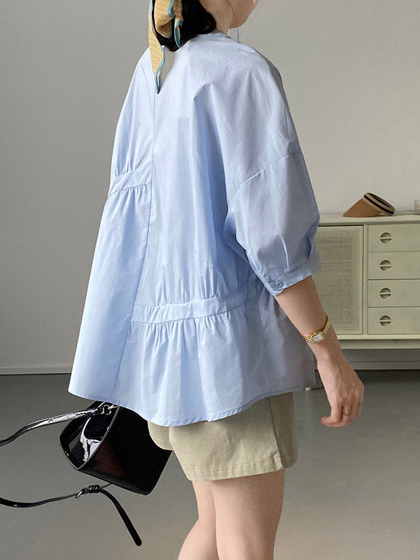 Stylish White&Blue Asymmetric High-Low Half Sleeves Blouses