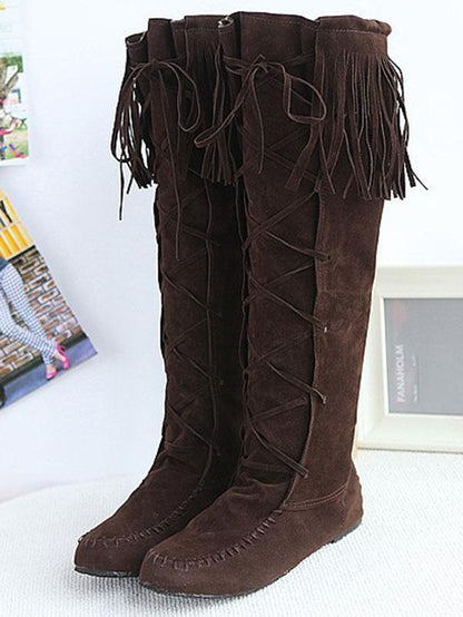 National Style Tasseled Bandage Low-heel Boots Shoes