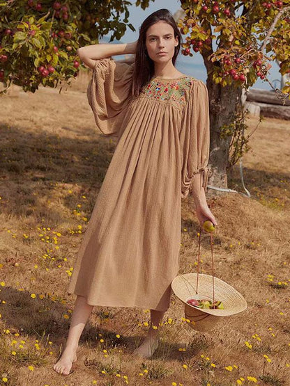 Vacation Embroidered Long Sleeves Midi Dress