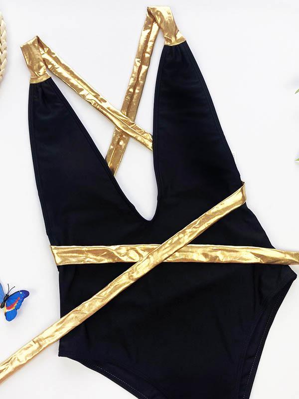 Split-Joint Bronzing Bandage Backless Split Bikini Swimsuit