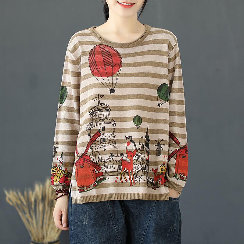 Buykud Stripes Cartoon Pullover Casual Knitted Shirt