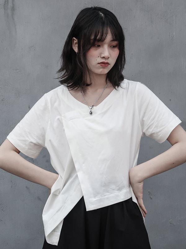 Simple Solid V-neck Asymmetric T-Shirt