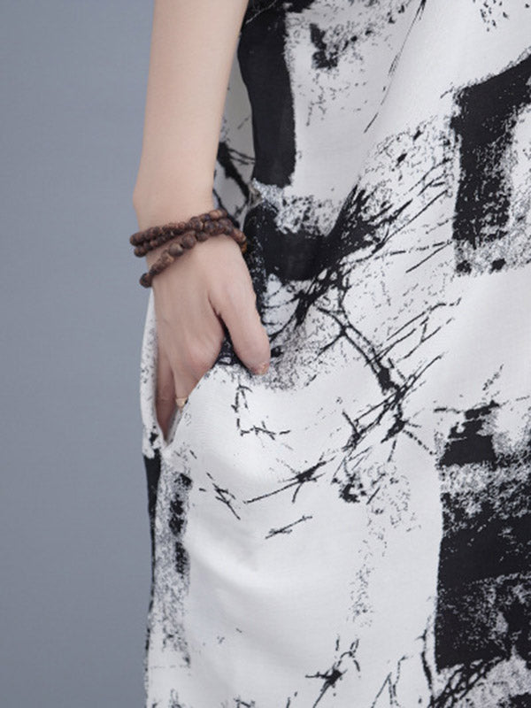 Original Ink-Printing V-Neck H-Line Maxi Dress