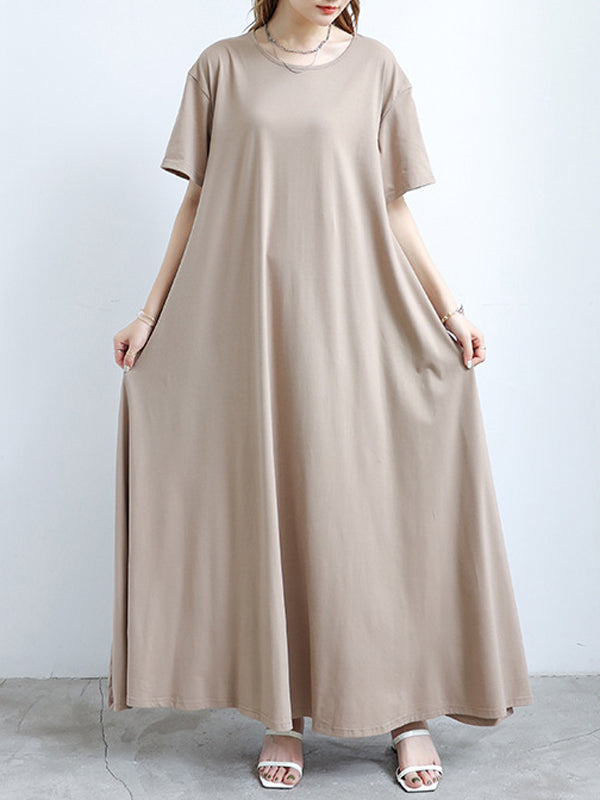 Simple Solid Color Oversized A-Line Round-Neck Short Sleeves Maxi Dress