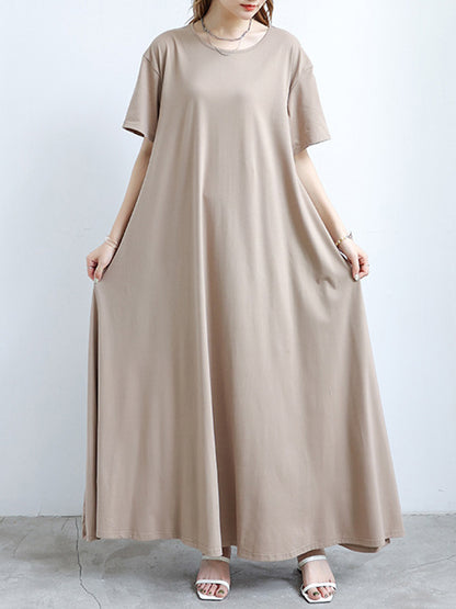 Simple Solid Color Oversized A-Line Round-Neck Short Sleeves Maxi Dress