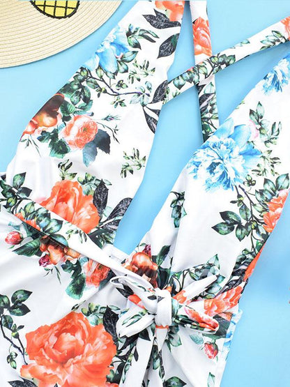 Flower Printed Tie One-piece Swimsuit