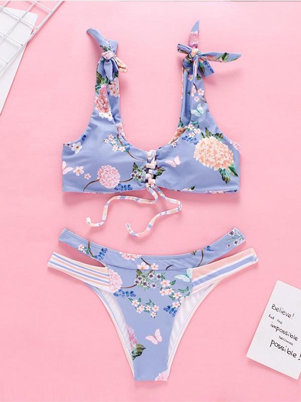 Lace Up Floral Bikini Swimsuit
