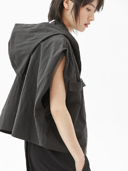 Original Simple Black With-hat Sleeveless Outwear