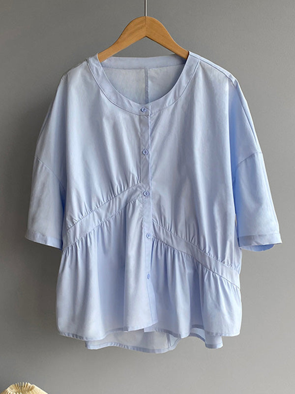 Stylish White&Blue Asymmetric High-Low Half Sleeves Blouses