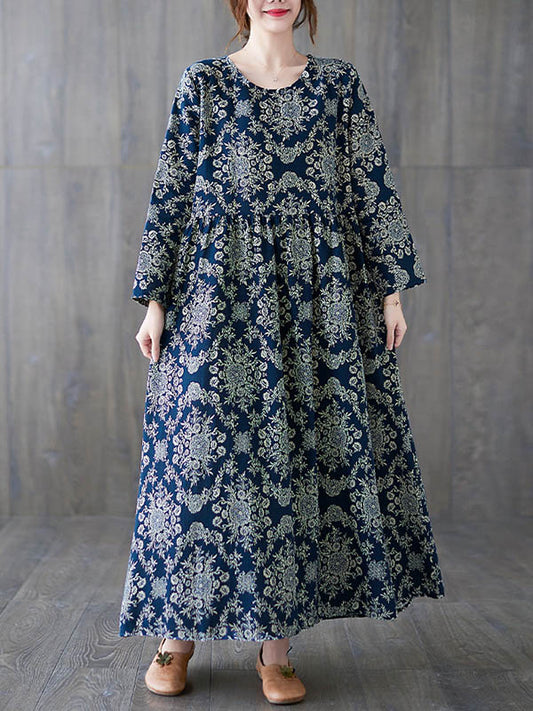 Vintage Ramie Cotton Floral Printed Round-Neck Long Sleeves Over Size Maxi Dress