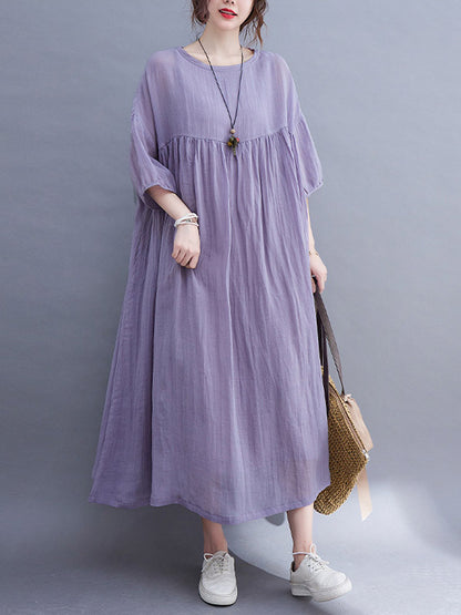 Simple Solid Color Puff Sleeve Midi Dress