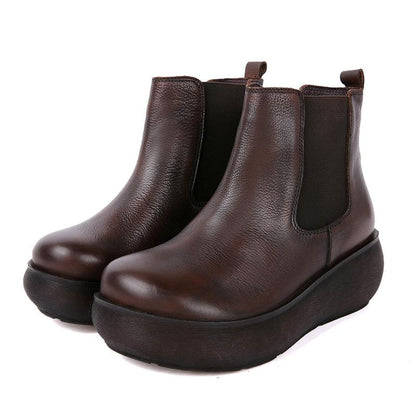 Buykud Pure Color Leather Stitching Retro Boots