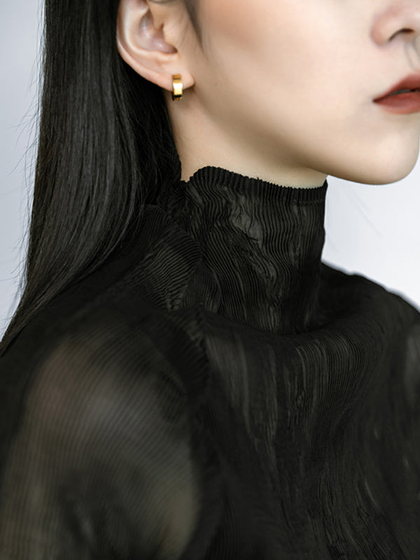 Original Solid Color High-Neck Long Sleeve See-Through T-Shirts Tops