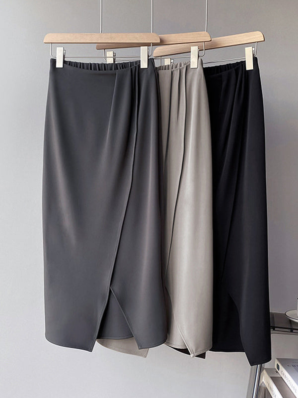 Stylish Solid Color Asymmetric Split-Front Elastics A-Line Skirts