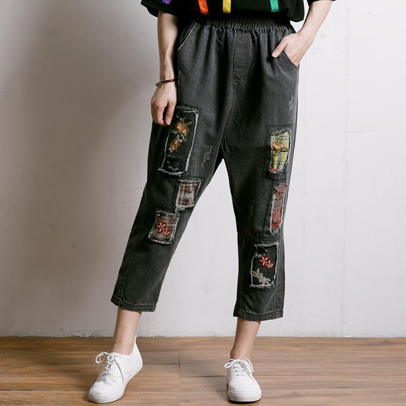 Embroidered Floral Patchwork Burr Women Jeans