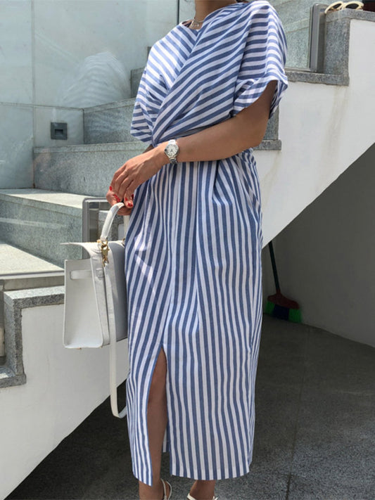 Stylish Striped Round-Neck Raglan Sleeve Midi Dress